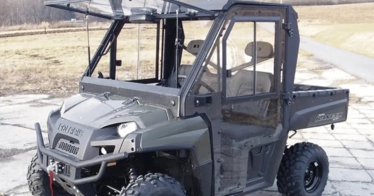 A Polaris Ranger 800, in green, that's not running due to a faulty fuel pump
