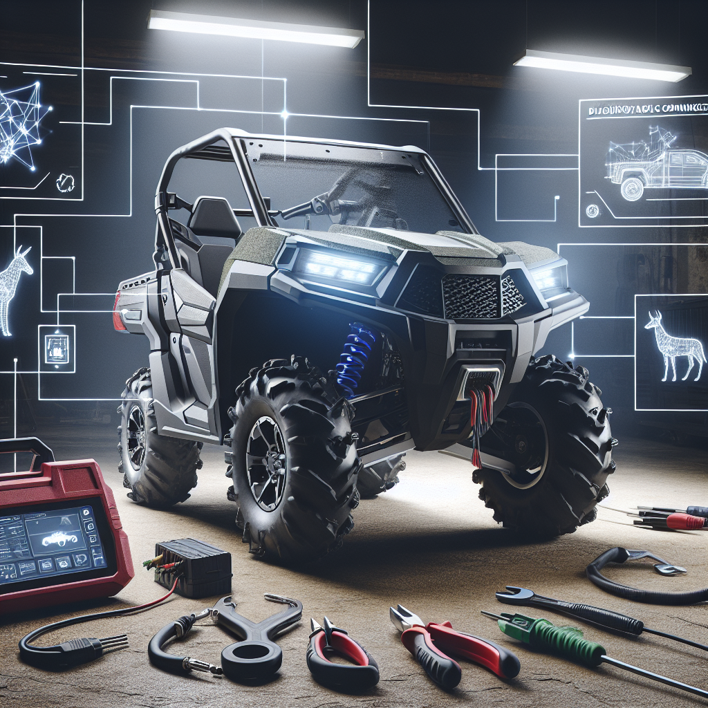 This is a digitally enhanced Polaris Ranger with tools like pliers, a screwdriver, and a code reader laying next to it.