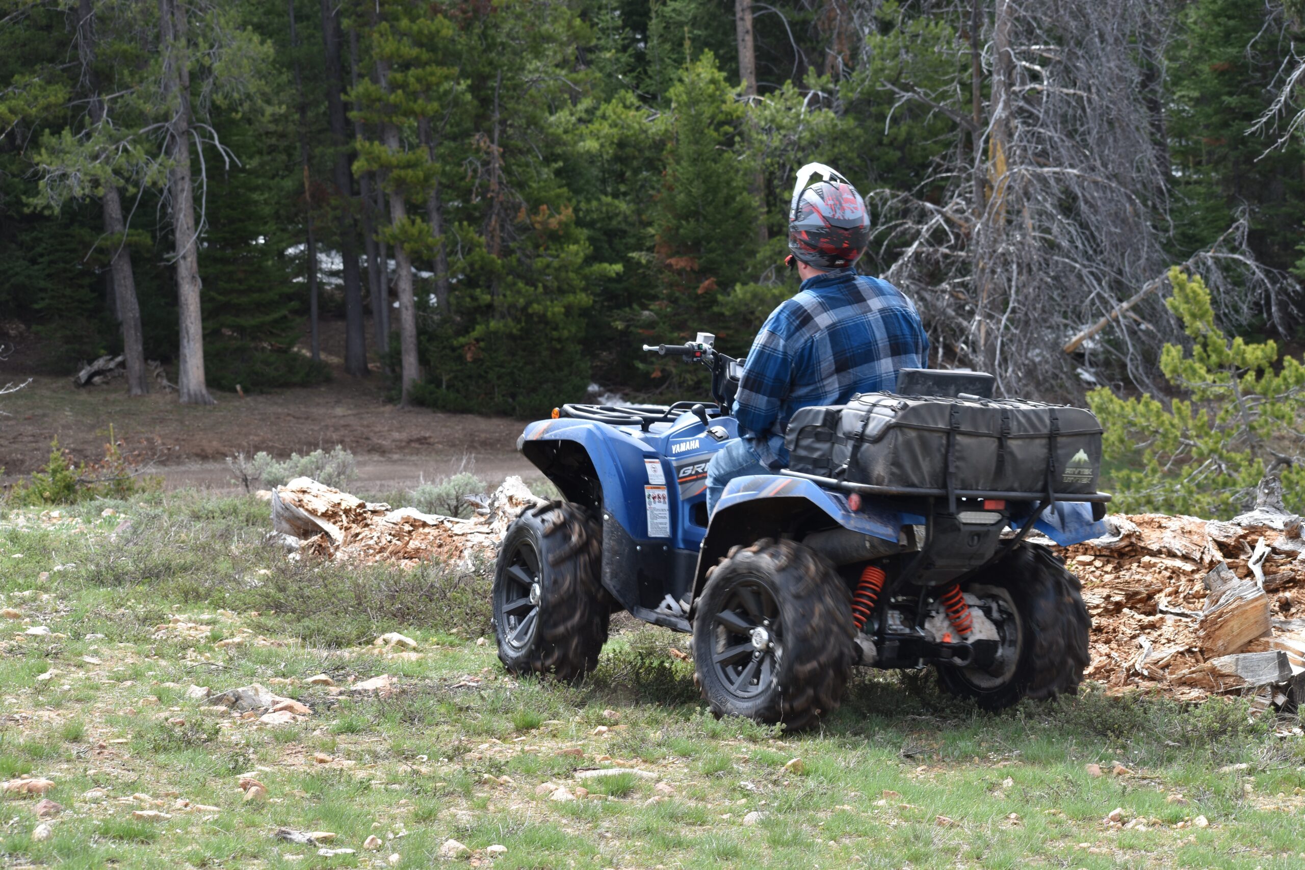 This is a man riding a Polaris Ranger with a helmet on his head in a forest landscape.