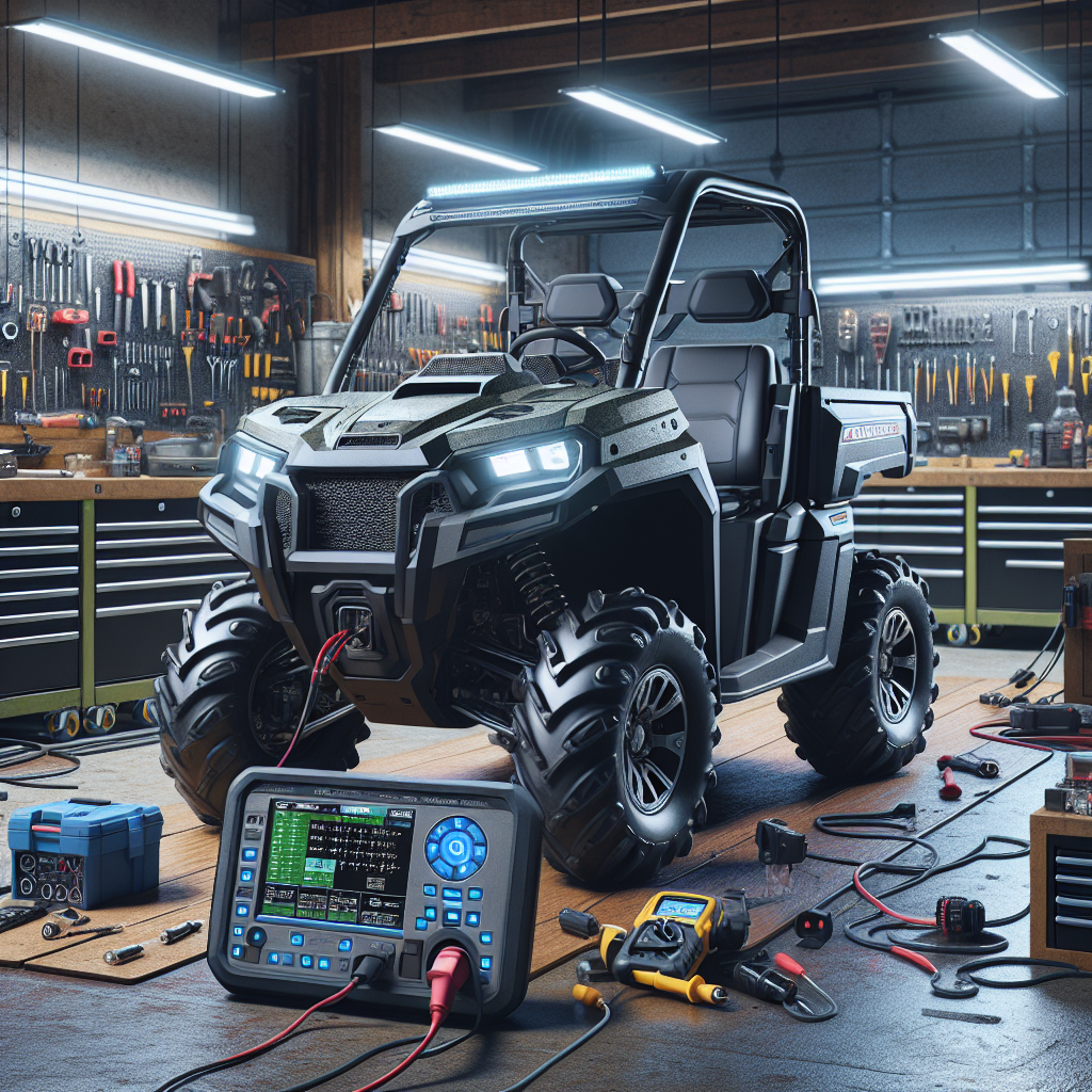 This is a picture of a Polaris Ranger with tools strewn about and a code reader connected to the computer.