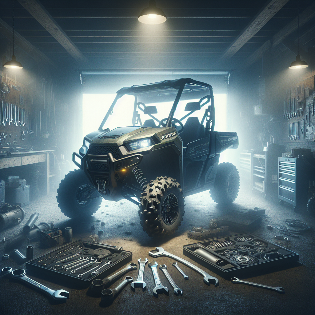 This is another angle of a Polaris Ranger 700 in a garage with tools laying around it.