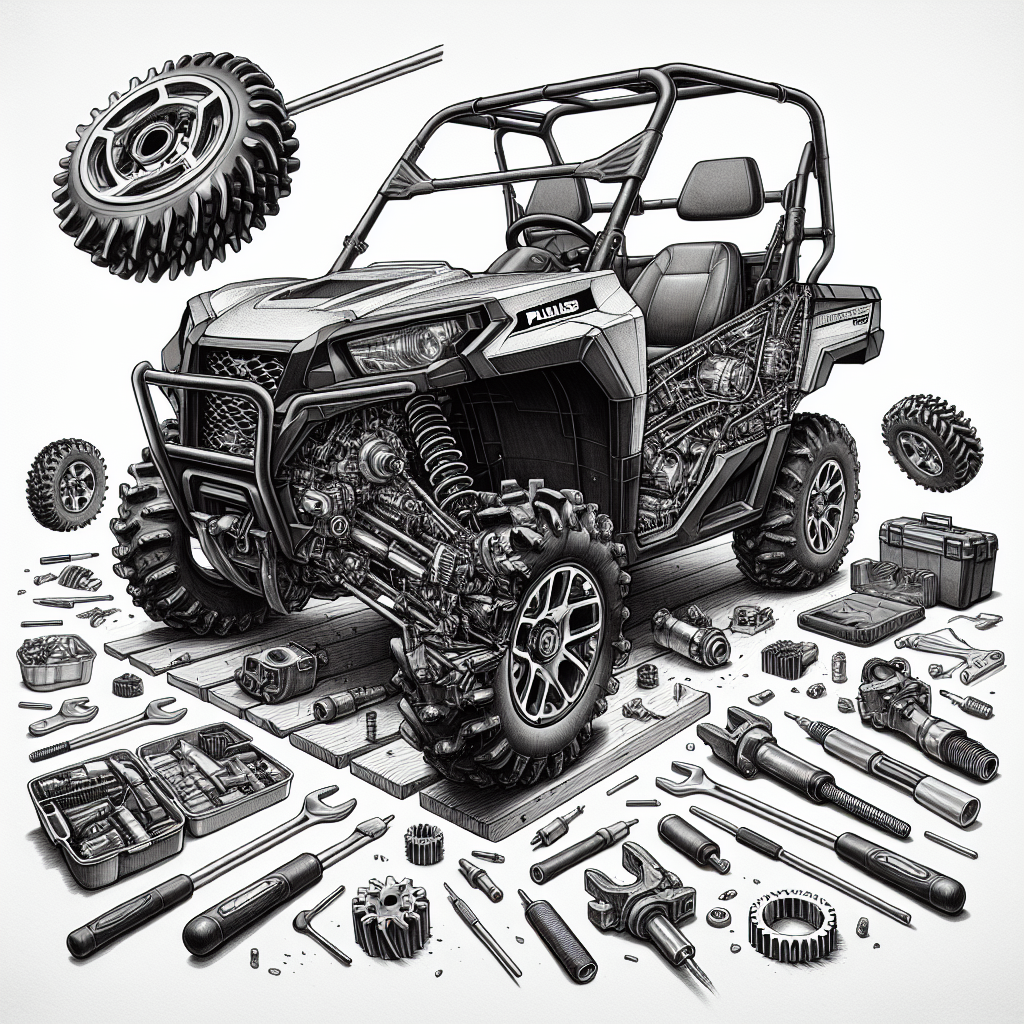 This is a black and white sketch of a Polaris Ranger showing the transmission components in a 3-d breakdown format.