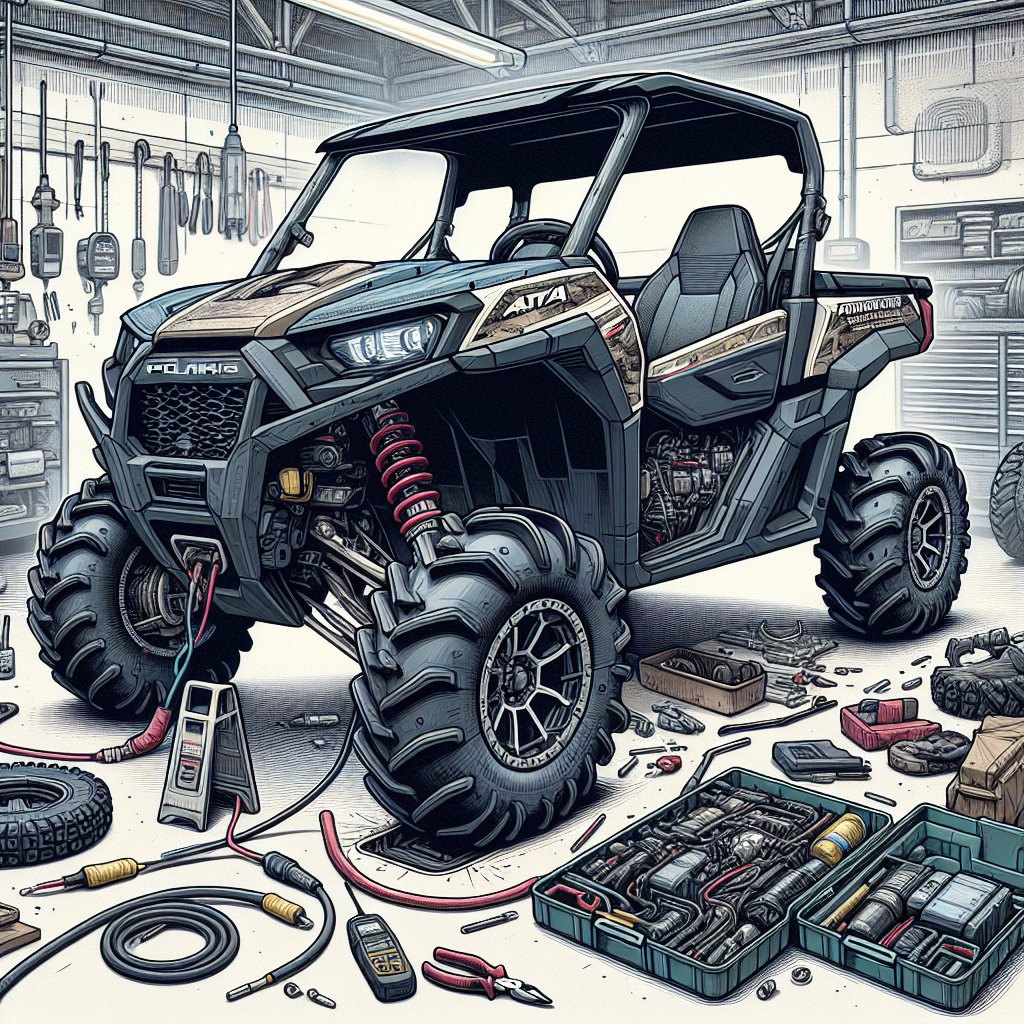 This is the second picture of a Polaris Ranger 900 XP with tools laid around a garage.