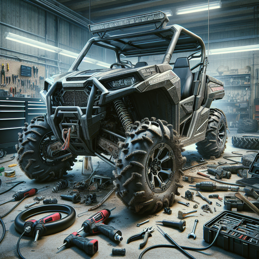 This is a picture of a Polaris Ranger 900 XP torn apart in a garage with tools strewn about.