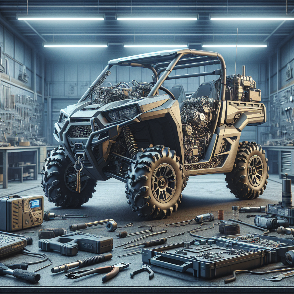 This is a Polaris Ranger 500 in a garage with tools laying around it.