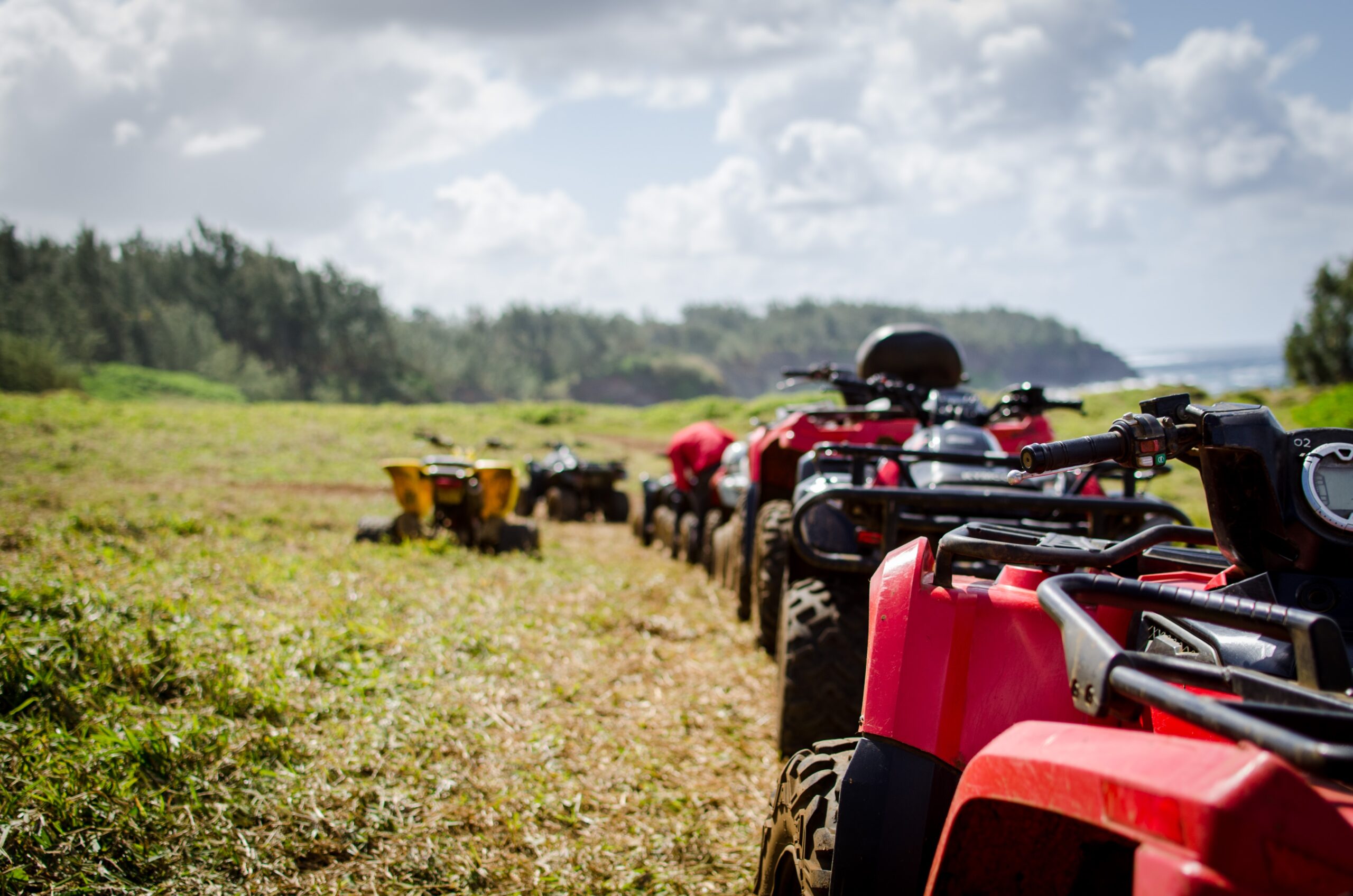 This is a picture of a series of Polaris Ranger ATVs lined up outside in the woods.