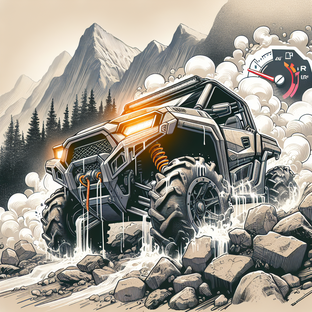 This is a picture of a Polaris Ranger riding over a rocky mountainous landscape with water running over the wheels.