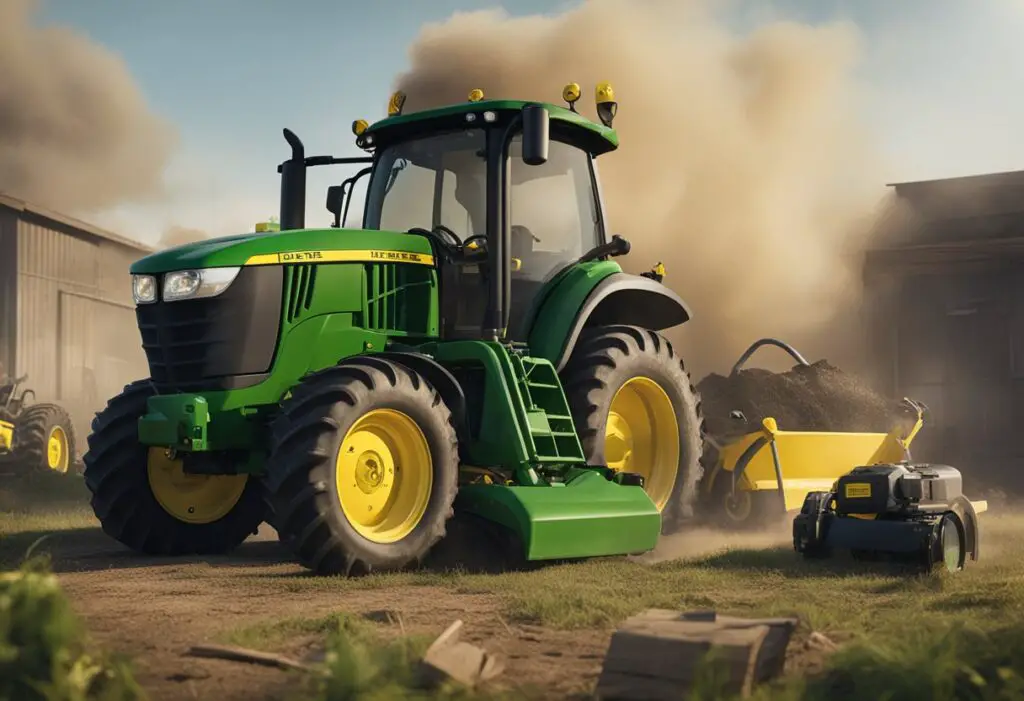 The John Deere Z355E sits idle with smoke billowing from its engine, surrounded by scattered tools and a frustrated owner