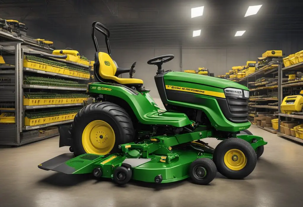 A John Deere Z355E mower surrounded by question marks and troubleshooting tools