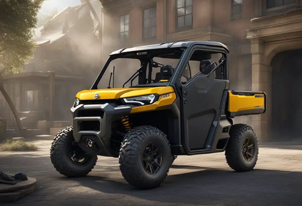 This is a yellow Can-Am defender, without AC, digitally enhanced and showing a stoney brick house in the background