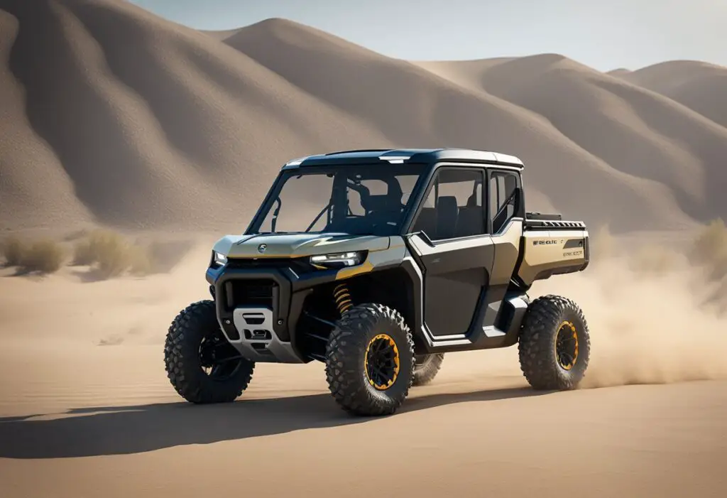 This is an off-road focused, modified, Can AM defender experiencing AC issues in the middle of the desert with mountains in the background.