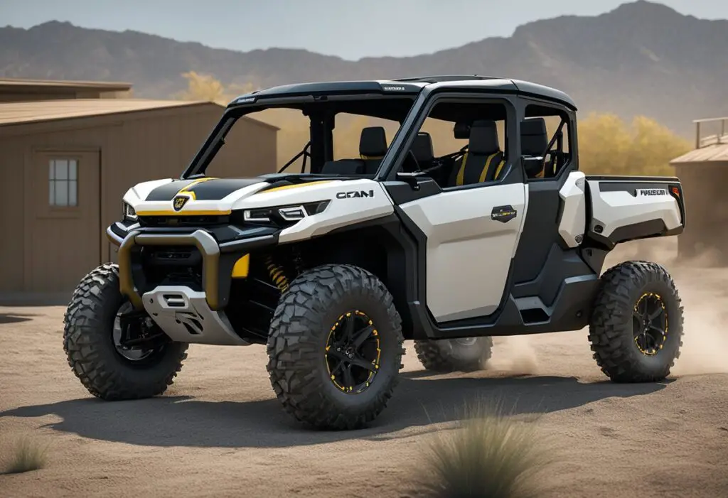 This Can Am Defender is white with a yellow trim, sporting offroad wheels against a desert and mountainous landscape.