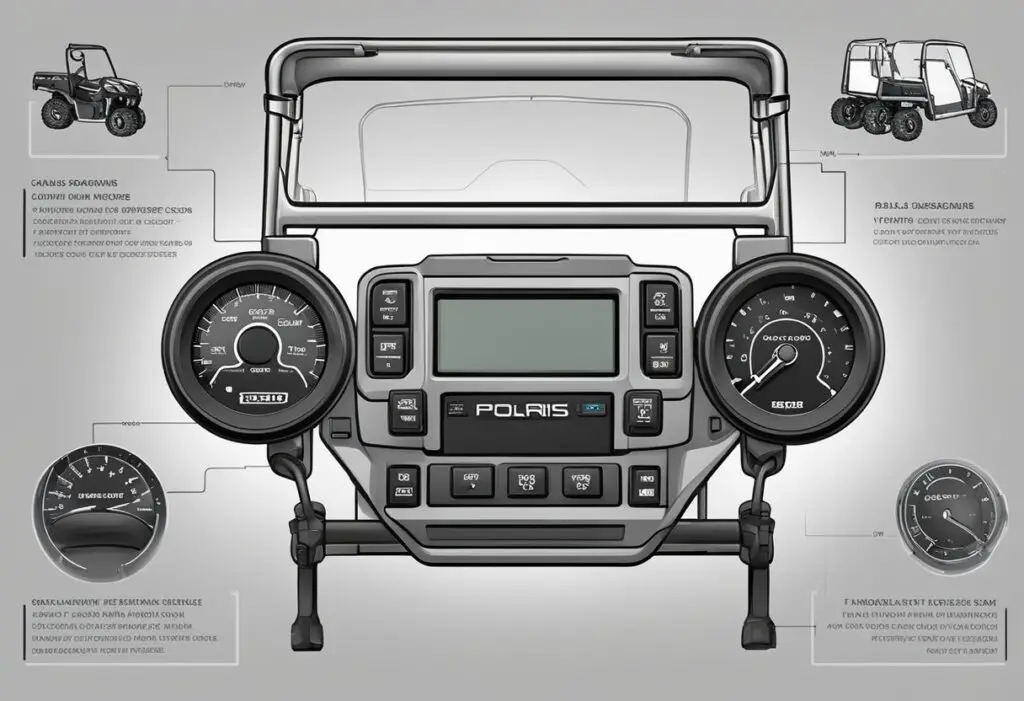 The dashboard of a Polaris Ranger 800 with a glowing check engine light and various codes displayed on the diagnostic screen