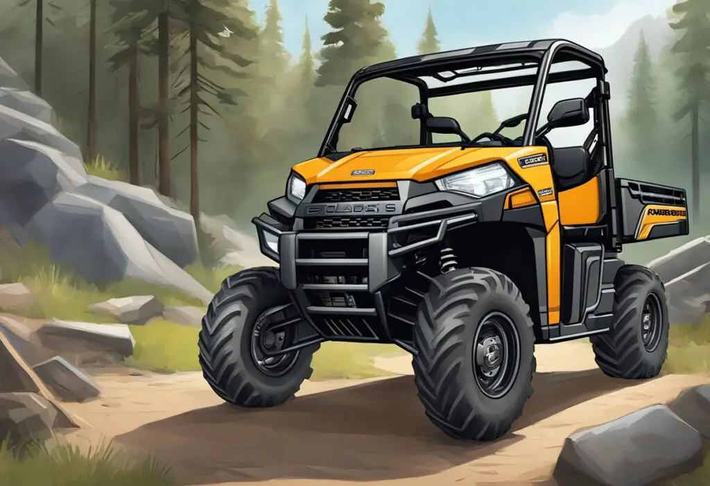The Polaris Ranger 800 is parked with the hood open, revealing the engine and electrical system. A diagnostic tool is connected, displaying check engine light codes