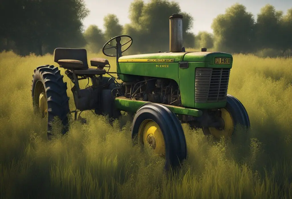 A broken-down John Deere tractor sits abandoned in a field, surrounded by tall grass and weeds. Its engine is rusted and nonfunctional, with a flat tire and missing parts