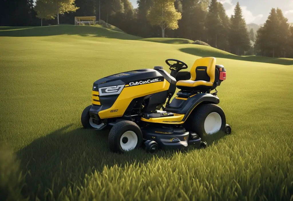 A mower with a Cub Cadet logo struggles to reverse, while a technician inspects the transmission for issues. The grass is neatly cut around the machine