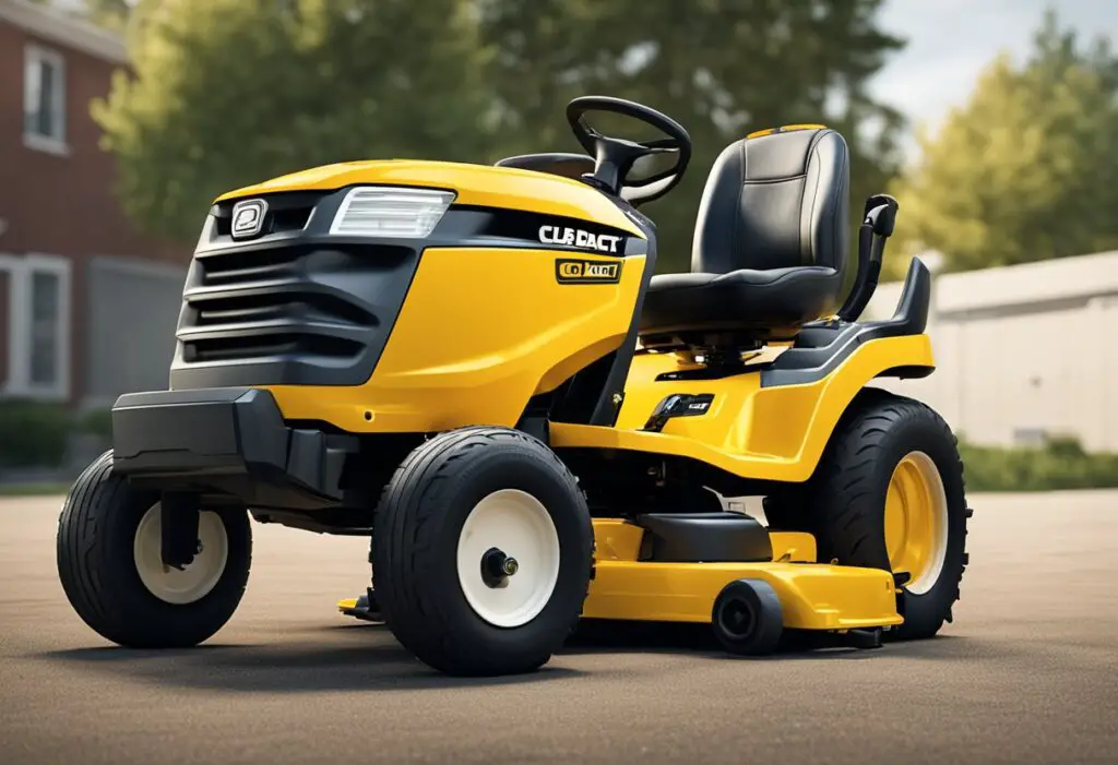 A Cub Cadet mower stuck in reverse, wheels spinning, frustrated user scratching head