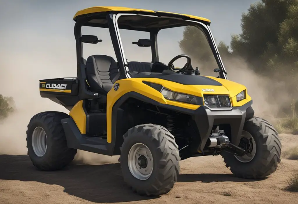 The cub cadet challenger 750's clutch is stuck, with visible wear and tear on the components. The vehicle is stationary, with the clutch lever in a raised position