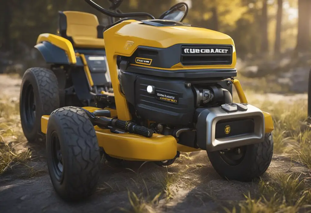 The Cub Cadet's electrical system and components are shown, with a focus on the ignition switch, battery, starter motor, and wiring