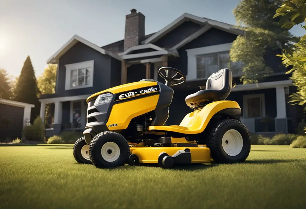 A Cub Cadet lawn mower sits in a yard, with a person looking frustrated next to it. The mower's engine is off, and the person is trying to start it without success