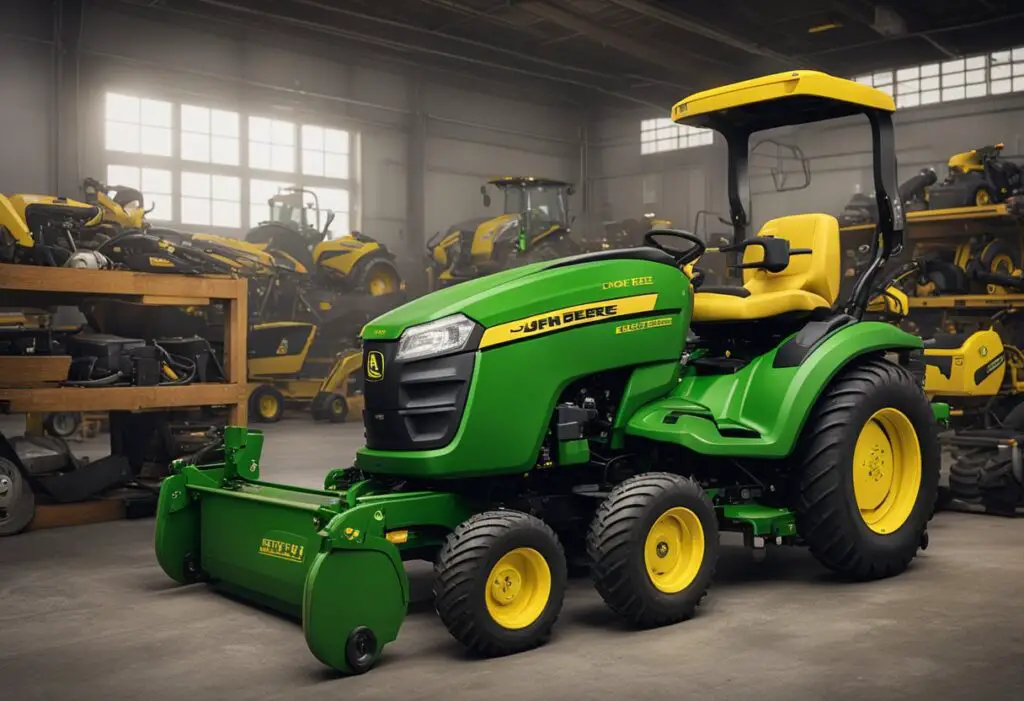 The John Deere 997 mower sits idle with a smoking engine, surrounded by scattered tools and frustrated workers