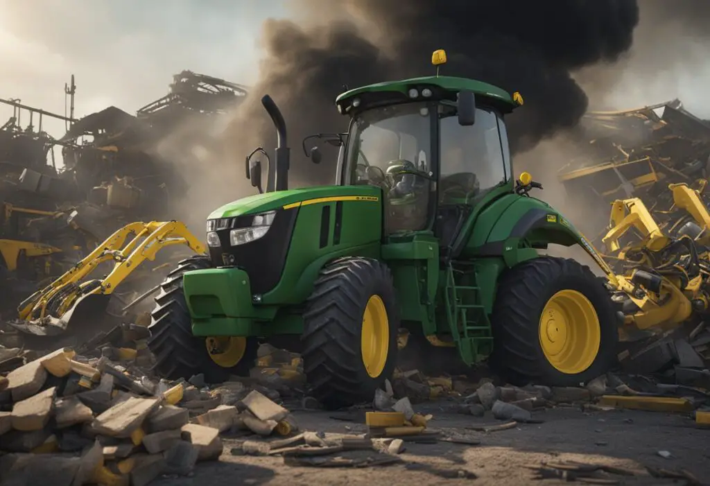 The John Deere Z915E sits idle, surrounded by a pile of broken parts and tools. Smoke billows from the engine, indicating a mechanical problem