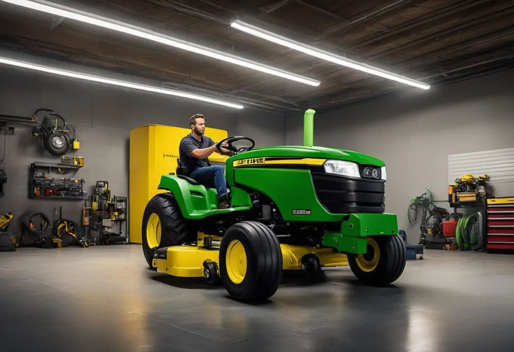The John Deere Z915E sits in a well-lit, spacious maintenance garage. A technician carefully inspects the engine, while a checklist of maintenance guidelines hangs on the wall