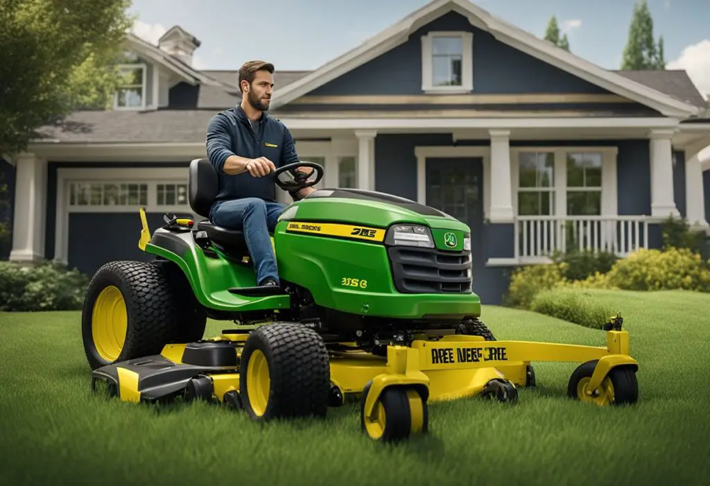 A mechanic inspecting and maintaining a John Deere Z915E lawn mower, checking for potential problems and performing preventative measures for long-term durability