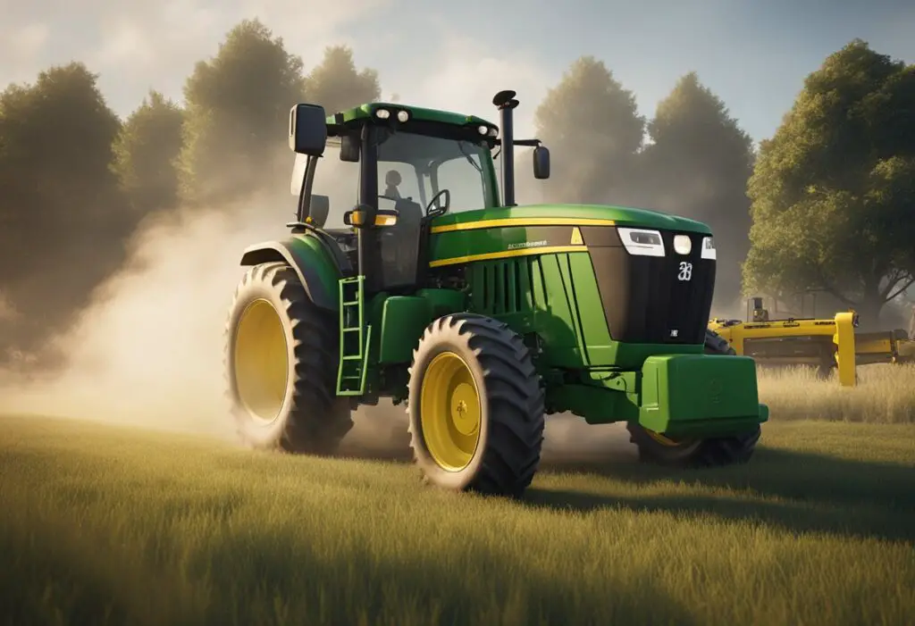 A John Deere tractor emitting smoke while idling. A mechanic replacing the diesel particulate filter with a new one