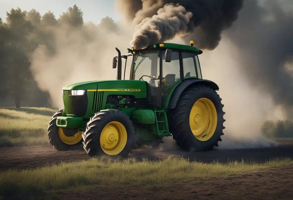 A John Deere tractor emitting smoke while experiencing regeneration problems
