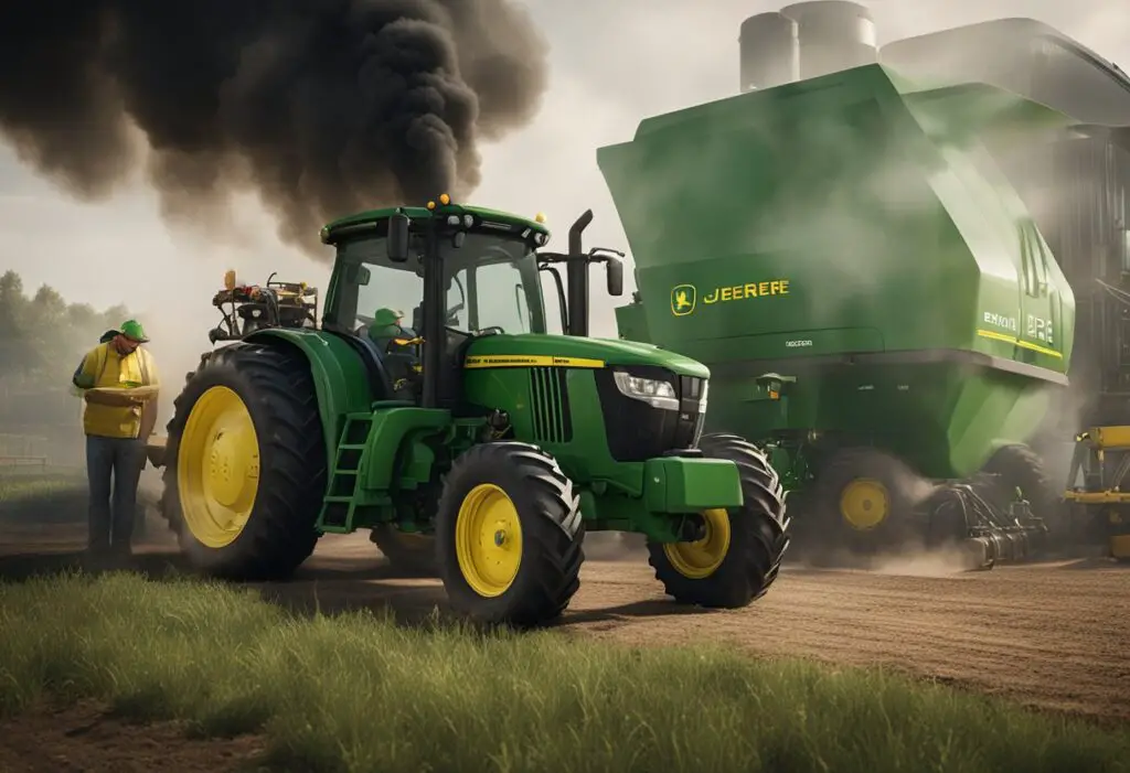 A John Deere tractor emitting smoke while experiencing regeneration problems, surrounded by a team of technicians conducting professional support and maintenance
