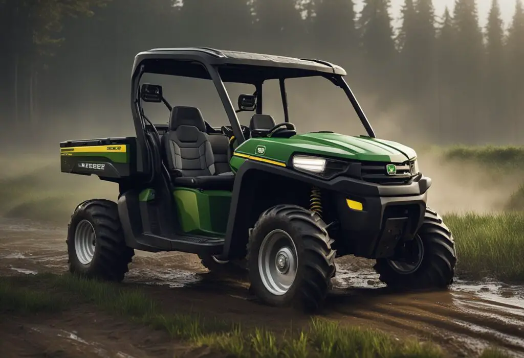 The John Deere Gator 825i sits stalled in a muddy field, smoke billowing from its engine. Nearby, a mechanic examines the exposed parts with a furrowed brow