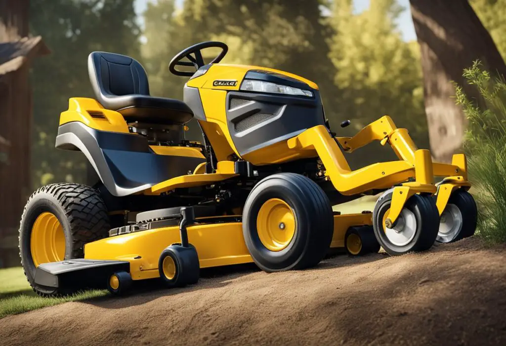 A Cub Cadet mower struggles to shift into reverse, with the operator visibly frustrated