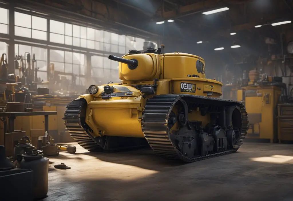 The cub cadet tank m60 sits in a mechanic's shop, with tools scattered around. A technician examines the transmission and hydraulic components, looking concerned