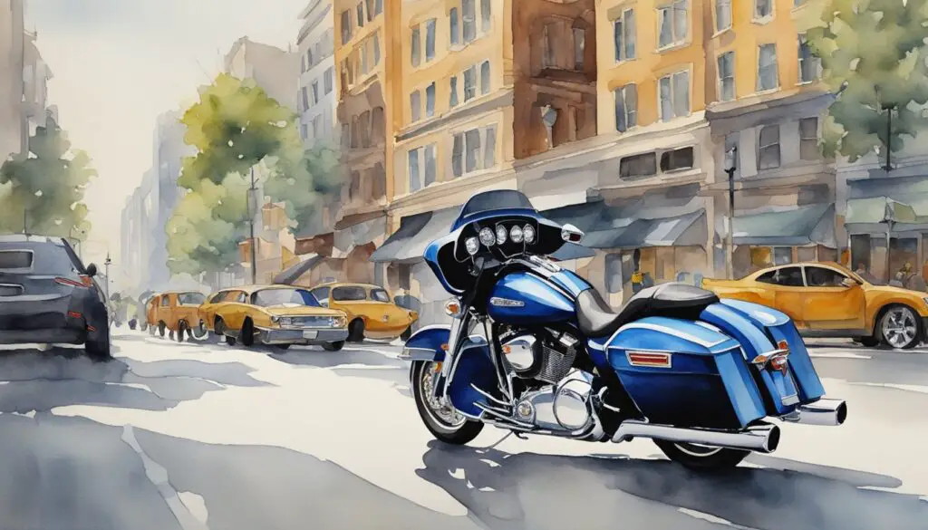 A sleek Street Glide parked on a bustling city street, surrounded by vibrant buildings and bustling traffic, capturing the essence of the best and worst years for the iconic motorcycle