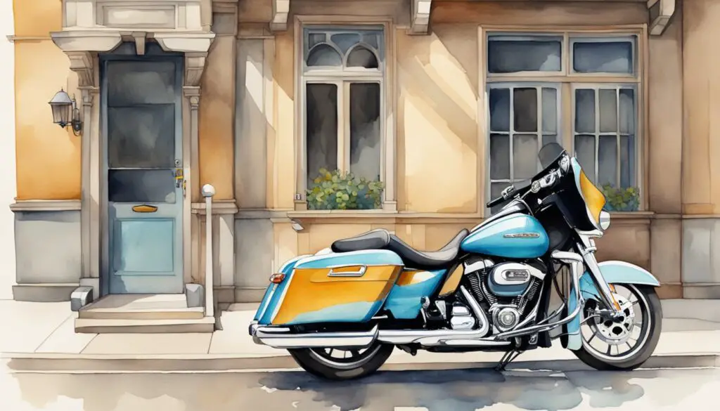 A street glide motorcycle parked in front of a row of vintage buildings, with a mix of modern and classic elements in the surroundings