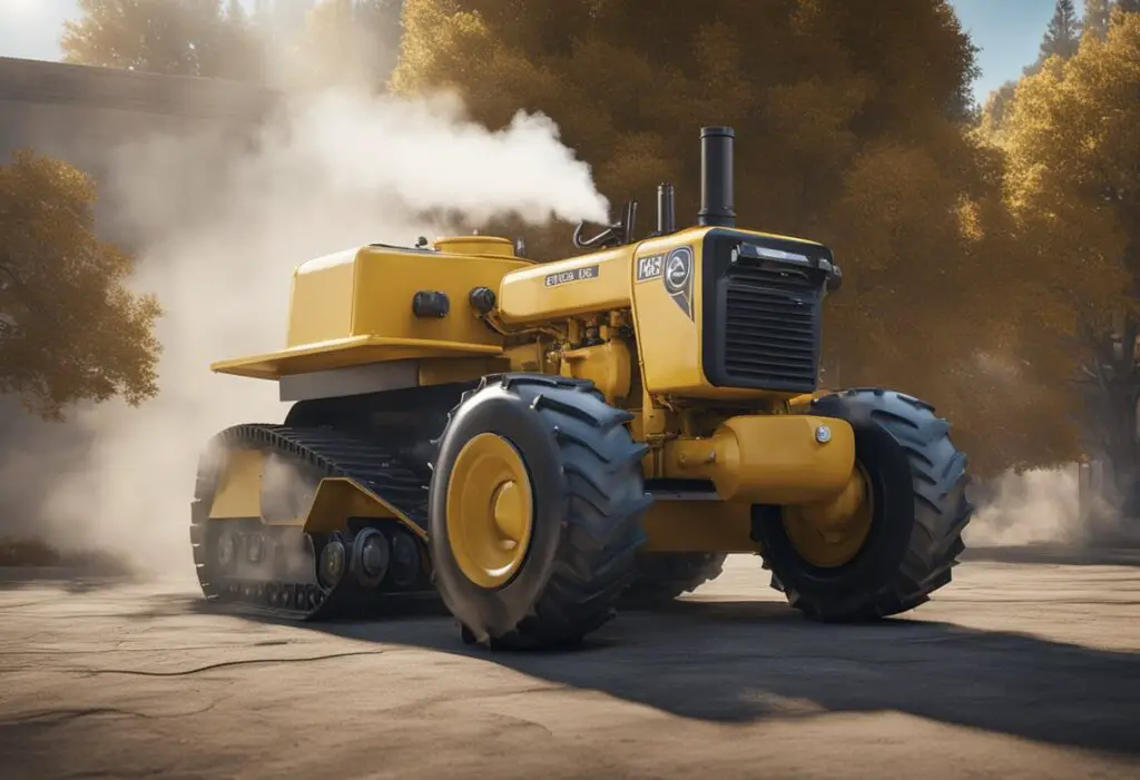 The Cub Cadet Tank M60 sits idle, with a cloud of smoke billowing from its engine. A pool of oil forms beneath the machine, indicating a potential mechanical issue