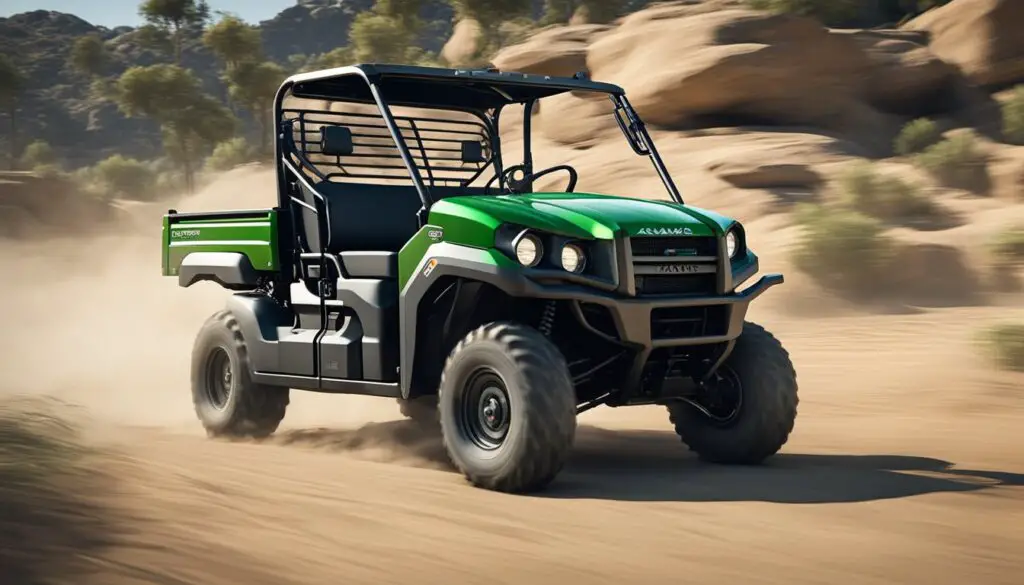 The Kawasaki Mule's transmission is malfunctioning, causing jerky movements and loud grinding noises. Fluid leaks from the gearbox, and the vehicle struggles to shift gears