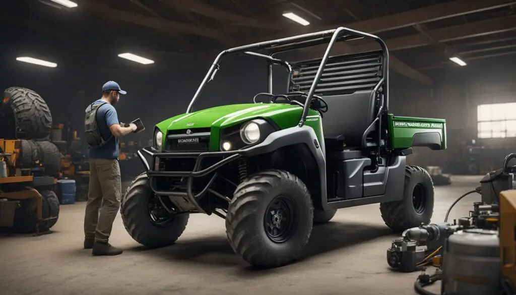 The mechanic is diagnosing the fuel system of a Kawasaki Mule, focusing on transmission issues. Tools and diagnostic equipment are scattered around the vehicle