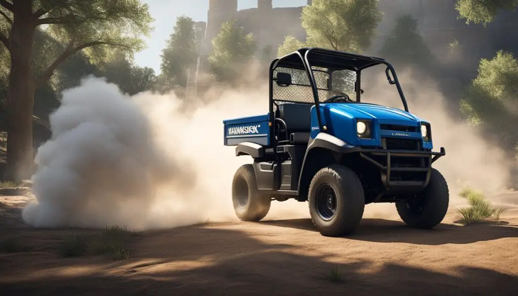 The Kawasaki Mule 4010 DFI sits idle, smoke billowing from its engine, as the driver looks on with frustration