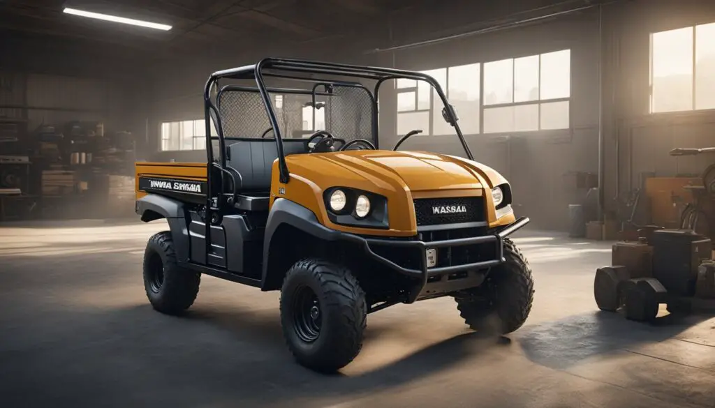 The Kawasaki Mule 4010 sits in a garage with its hood open, showing signs of mechanical issues. Smoke rises from the engine, and a mechanic looks over the vehicle with a concerned expression