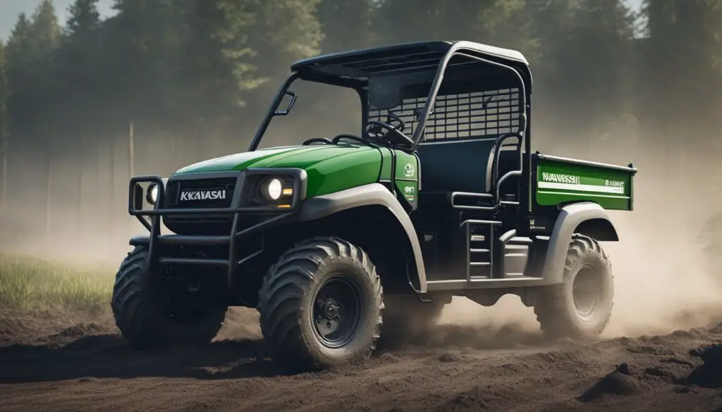 The Kawasaki Mule 4010 sits stalled in a muddy field, with a flat tire and smoke billowing from the engine