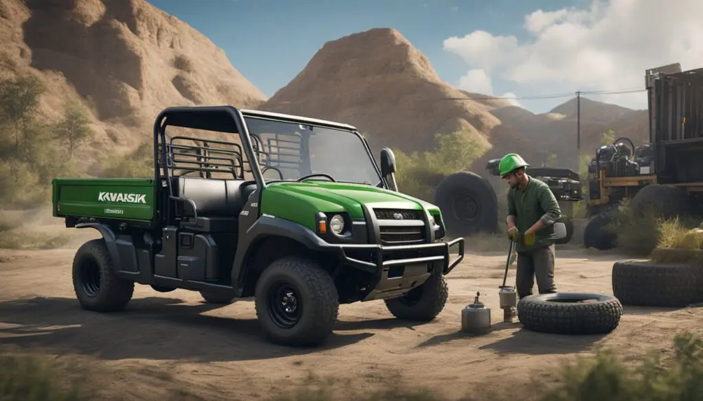 The Kawasaki Mule 4010 is being repaired with various tools and parts scattered around the vehicle. A mechanic is troubleshooting the engine while another is inspecting the tires