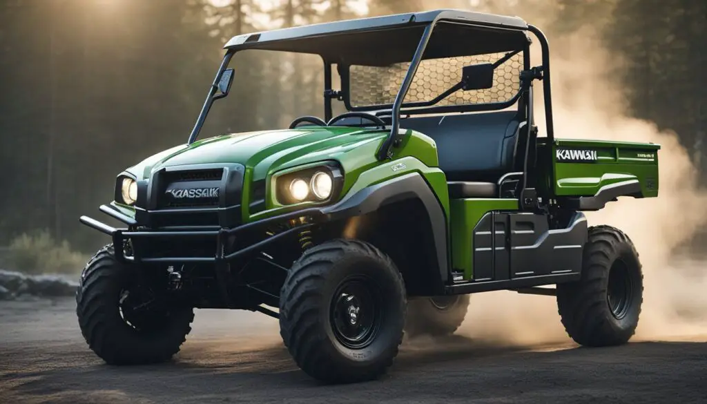 The Kawasaki Mule sits idle, its engine silent and unresponsive. Smoke billows from the hood as the starter struggles to turn over