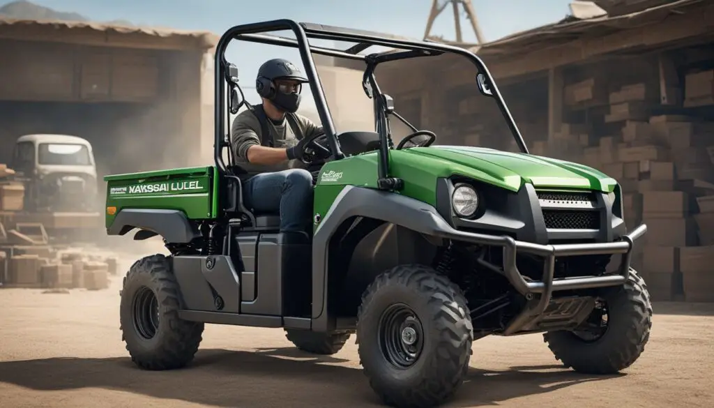 A Kawasaki Mule with open hood, mechanic's hand holding a multimeter, and a puzzled expression on their face as they inspect the starter motor