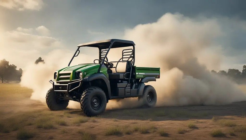 The Kawasaki Mule's mechanical starter fails, smoke rising from the engine as the vehicle sits stalled in a field