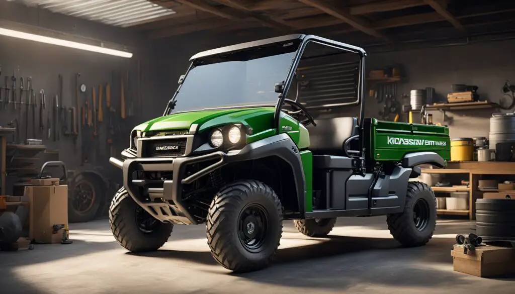 A Kawasaki Mule sits in a garage, with the hood open and a mechanic's tools scattered around. A starter motor is removed and placed on a workbench, while replacement parts are laid out nearby