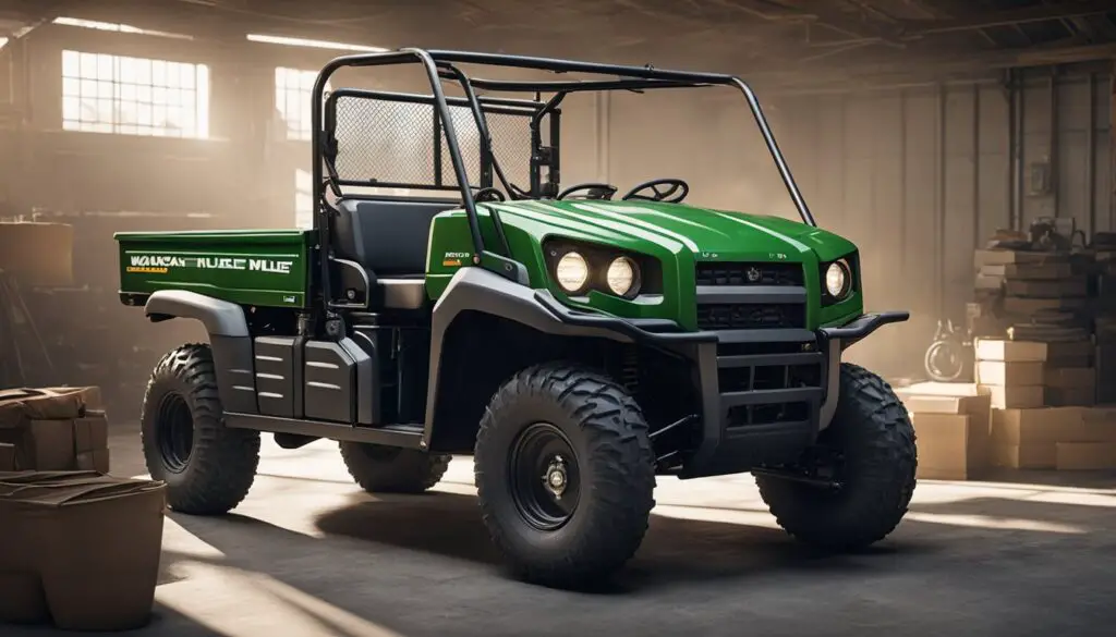 The Kawasaki Mule 3010 sits in a garage, with visible body, frame, and exterior issues. Rust and dents mar its once pristine appearance