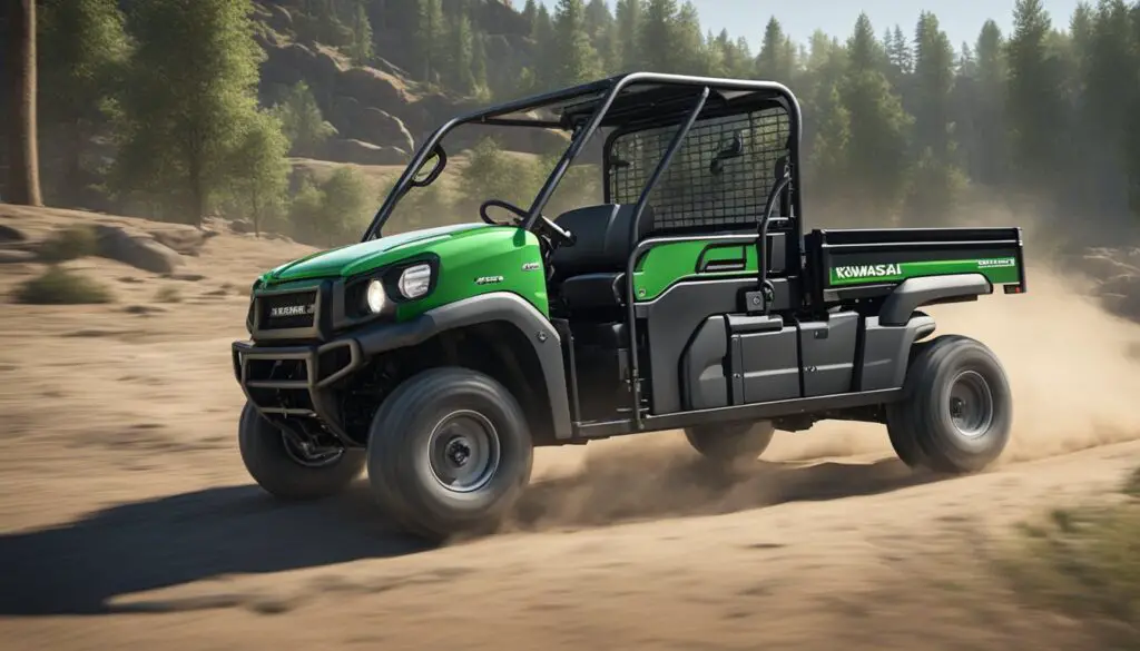 The Kawasaki Mule 2510's braking system malfunctions, causing the vehicle to skid and lose control