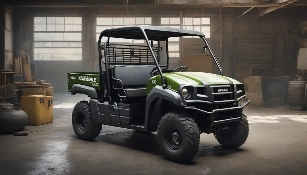 The Kawasaki Mule 2510 sits in a garage, with visible signs of wear and tear on its structure. Rust and corrosion are evident, and there are several mechanical issues that are causing the vehicle to lose its structural integrity